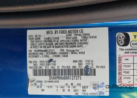 2011 Ford Fusion Se from USA, damaged, VIN 3FAHP0HA8BR127275